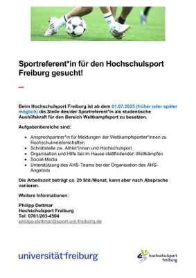 Sportreferent*in für den Hochschulsport Freiburg gesucht! Sportreferent*in für den Hochschulsport Freiburg gesucht!